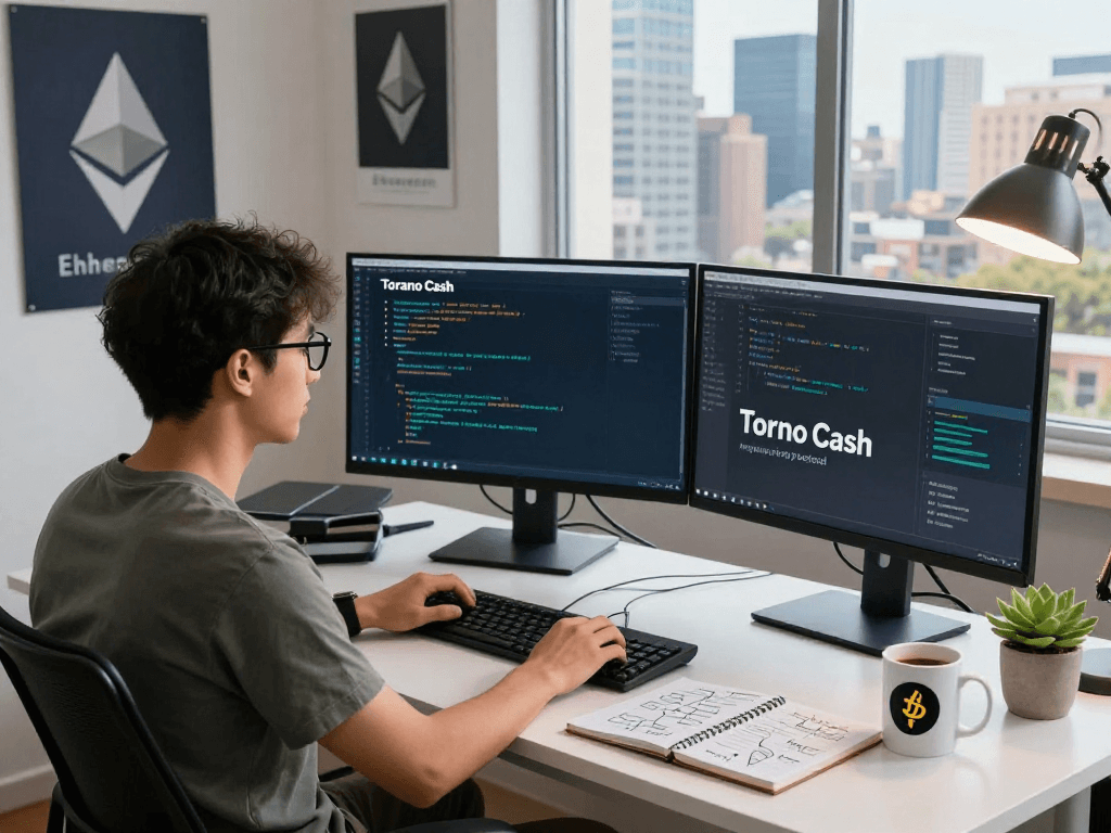 Tornado Cash developer working at a modern desk with multiple monitors, showcasing Tornado Cash's privacy code and analytics in a vibrant city office.
