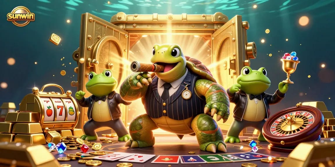 Engaging sunwin casino scene with a cartoon turtle in a mobster suit among gold treasures and gambling elements.