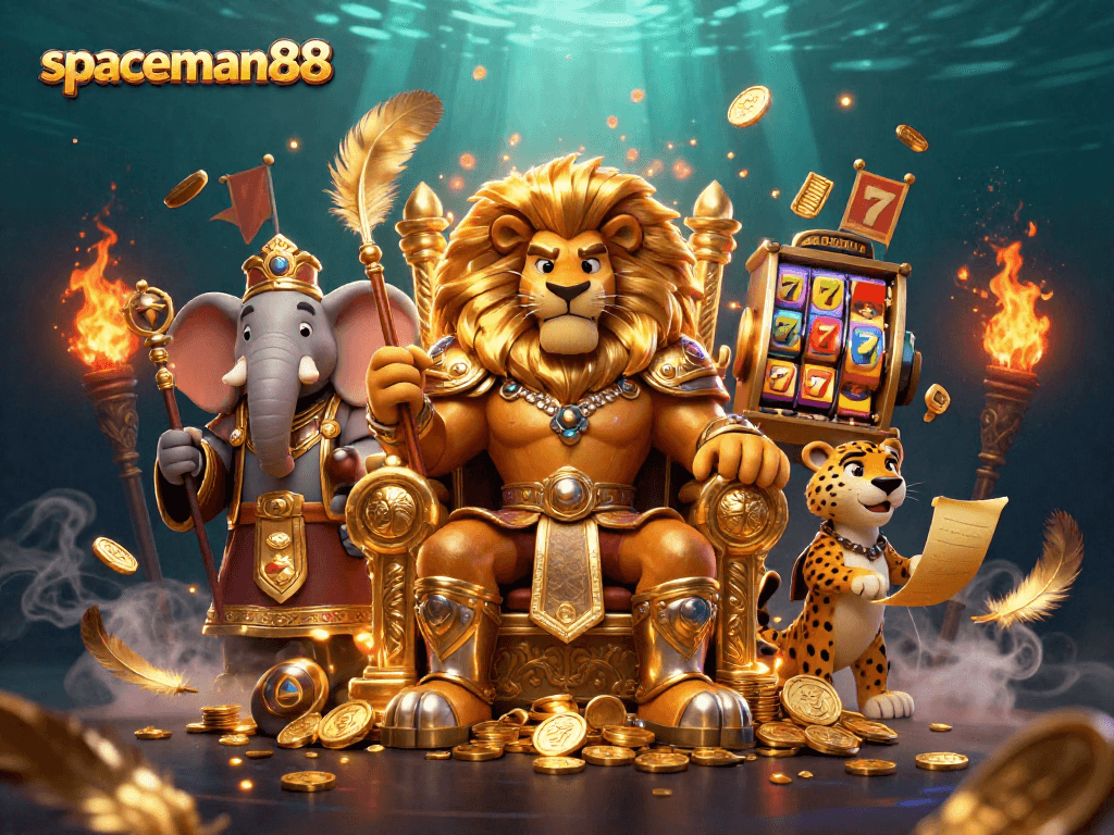 Experience the excitement of spaceman88 with a regal lion king in a vibrant casino scene.