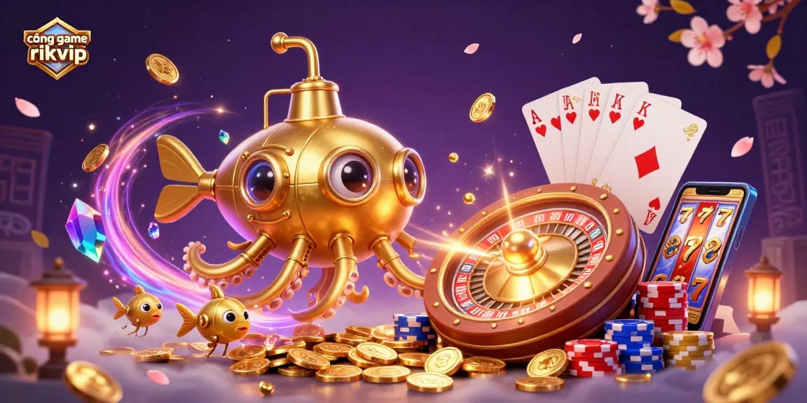 Spin the 3D roulette wheel and win big with cổng game rikvip, surrounded by golden coins and mechanical fish.