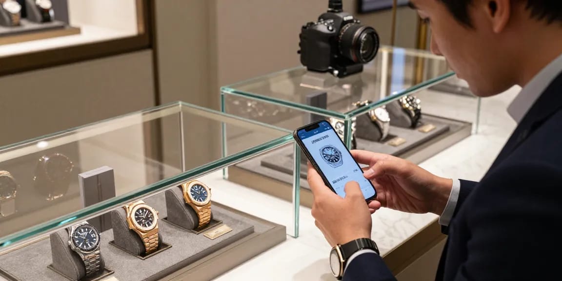 Showcasing premium clone watches in a modern jewelry store with a luxurious vibe.