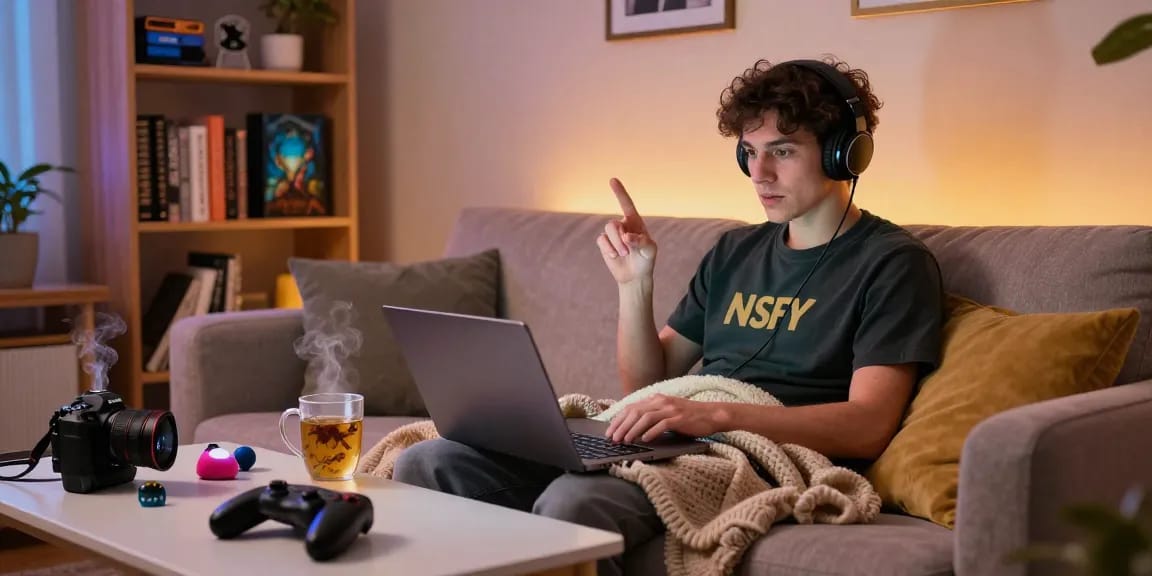 Engaging in NSFW AI chat from a cozy home setup with laptop and headphones.