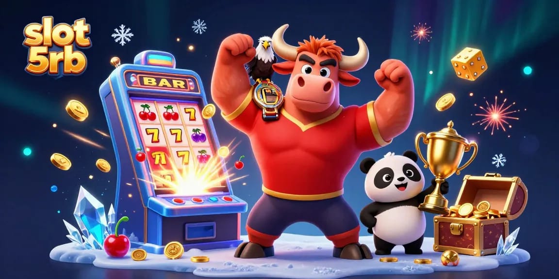Win big with slot 5rb in a vibrant casino-themed illustration showcasing lucky symbols.