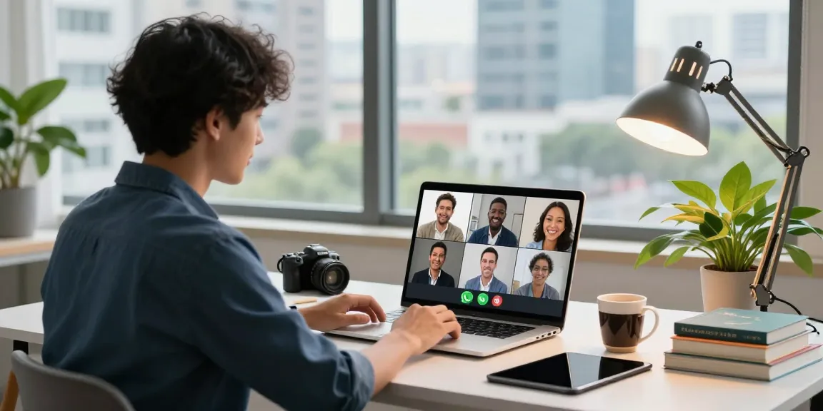 Professional workspace with a young person using WhatsApp下載 for group video calls, showcasing modern tech collaboration.