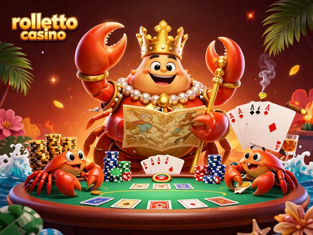 Play at rolletto casino, featuring a golden crab emperor and rich poker elements in a vibrant scene.