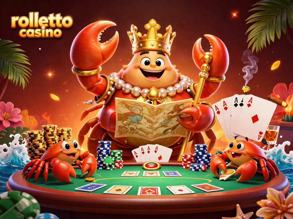 Play at rolletto casino, featuring a golden crab emperor and rich poker elements in a vibrant scene.