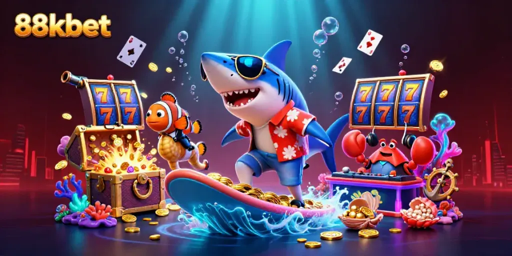 Engage with 88kbet's lively gambling scene featuring a shark surfacing on gold coins.