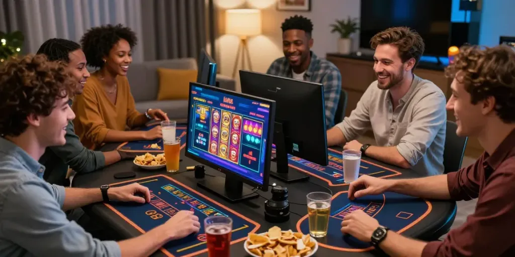 Friends enjoying an online gaming experience at https://tx88bet.vip/ with vibrant screens and a cozy atmosphere.