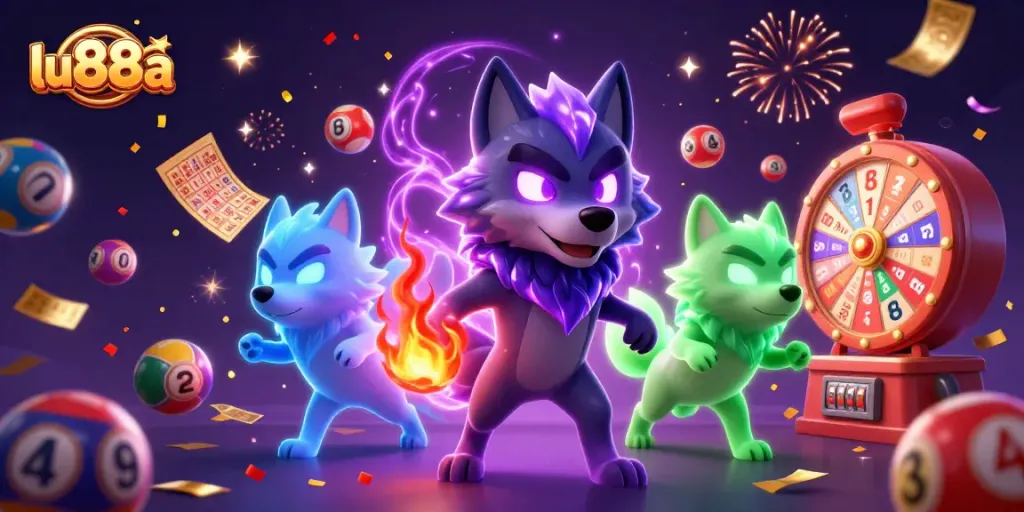 Engage with thrilling games at lu88a as a 3D wolf pack leader surrounded by dynamic lottery elements.