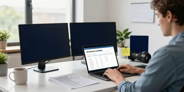 .uk domain registration workspace with a person searching availability on a laptop, modern desk setup.