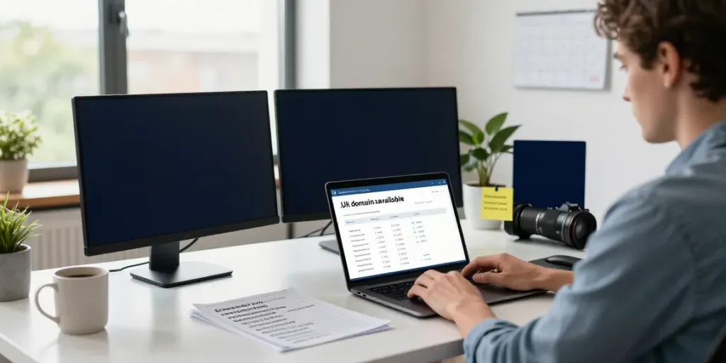 .uk domain registration workspace with a person searching availability on a laptop, modern desk setup.