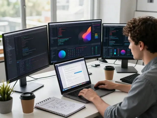 Web developer using instant indexing tools in a vibrant tech workspace