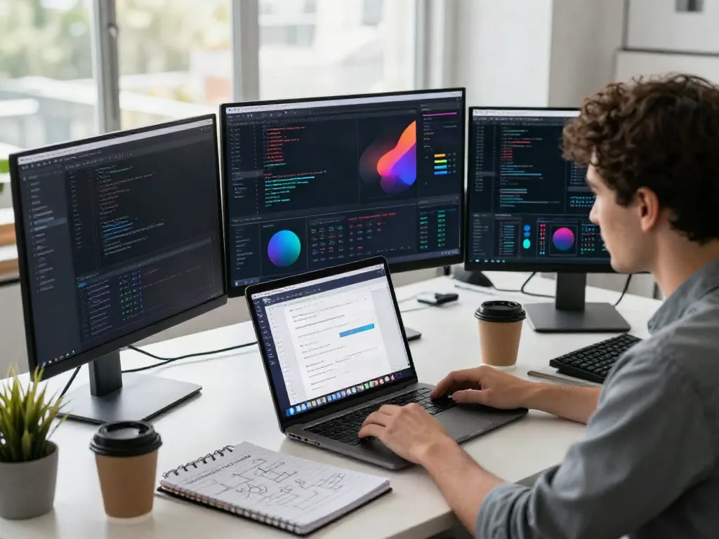 Web developer using instant indexing tools in a vibrant tech workspace
