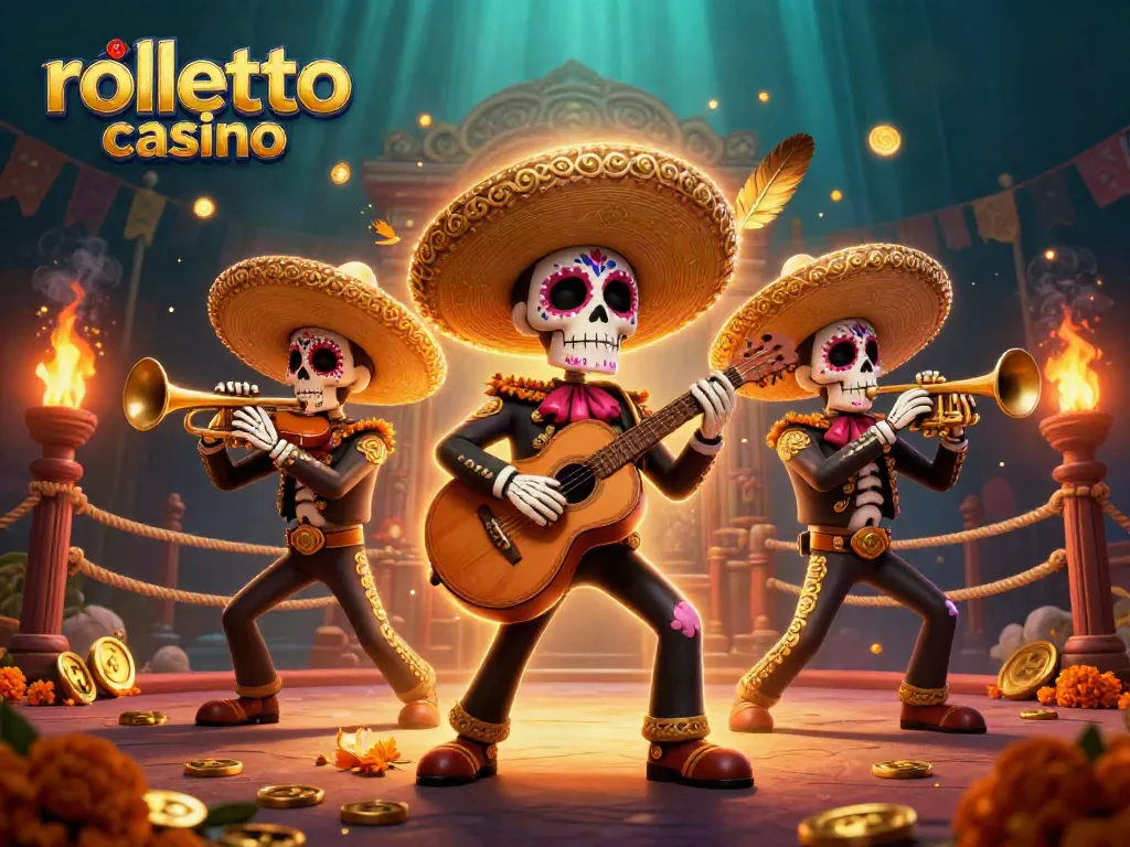 Engage with rolletto casino's vibrant 3D festive illustration featuring a mariachi band amidst betting elements.