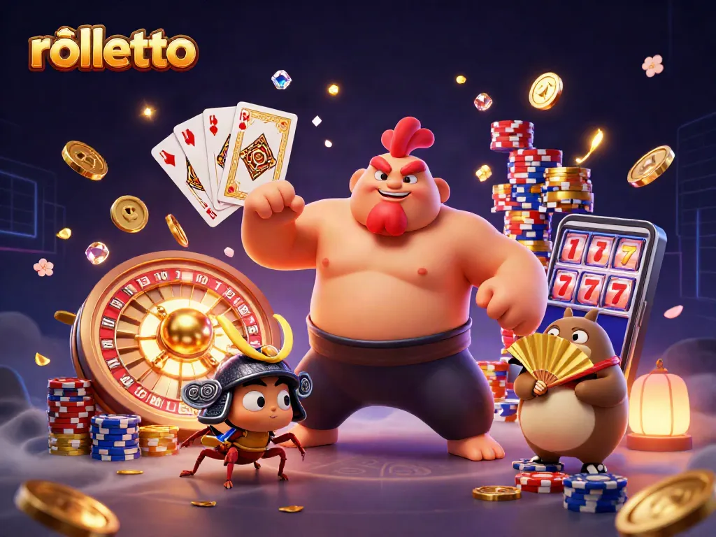 Play rolletto and enjoy thrilling casino action with sumo wrestler, cricket, and tanuki in vibrant illustration.