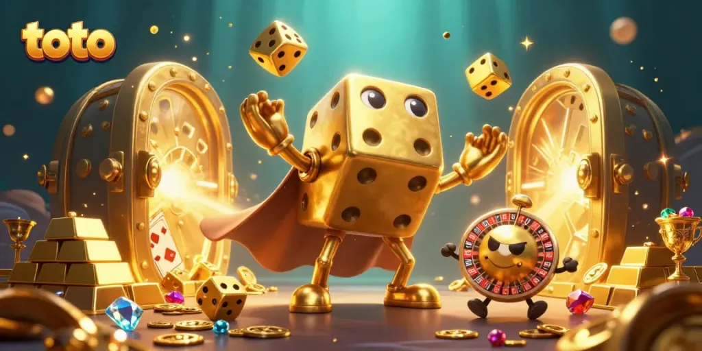Toto-themed dynamic 3D illustration showcasing a golden dice golem surrounded by casino treasures.