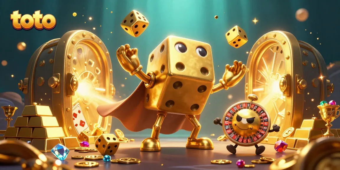 Toto-themed dynamic 3D illustration showcasing a golden dice golem surrounded by casino treasures.