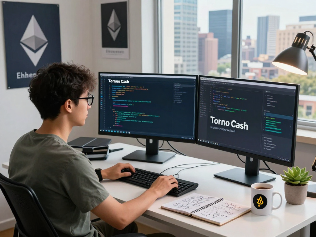 Tornado Cash developer working at a modern desk with multiple monitors, showcasing Tornado Cash's privacy code and analytics in a vibrant city office.
