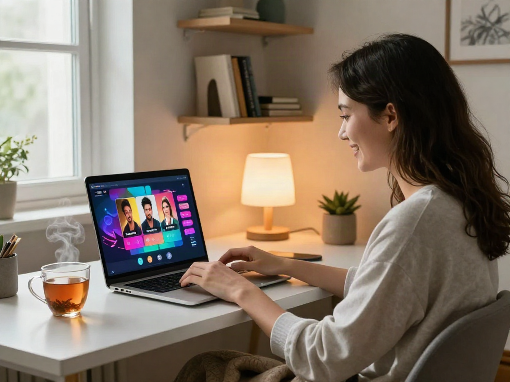 Interactive ai porn chat scene featuring a young woman engaged in a virtual conversation with lively graphics.