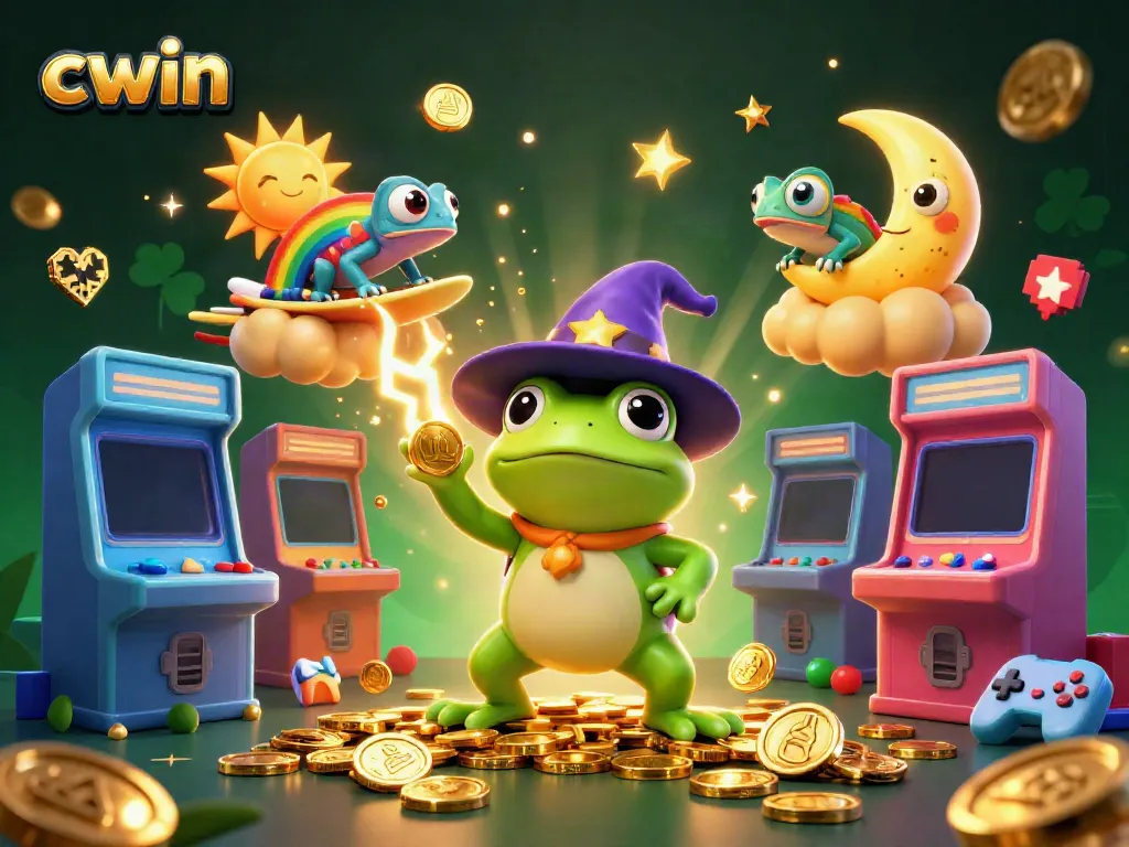 Experience the thrill of winning at cwin with dynamic games and vibrant colors in this exciting 3D illustration.