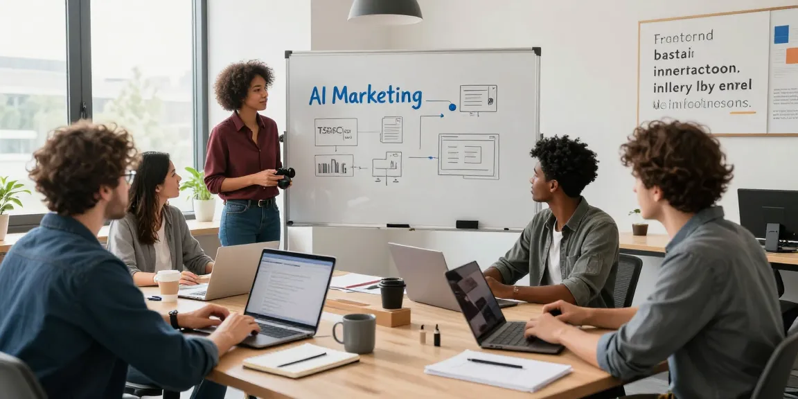 Team brainstorming on AI marketing tools in a modern office.