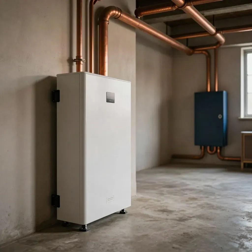 Wall-mounted home battery and inverter in a warm utility room with concrete floor
