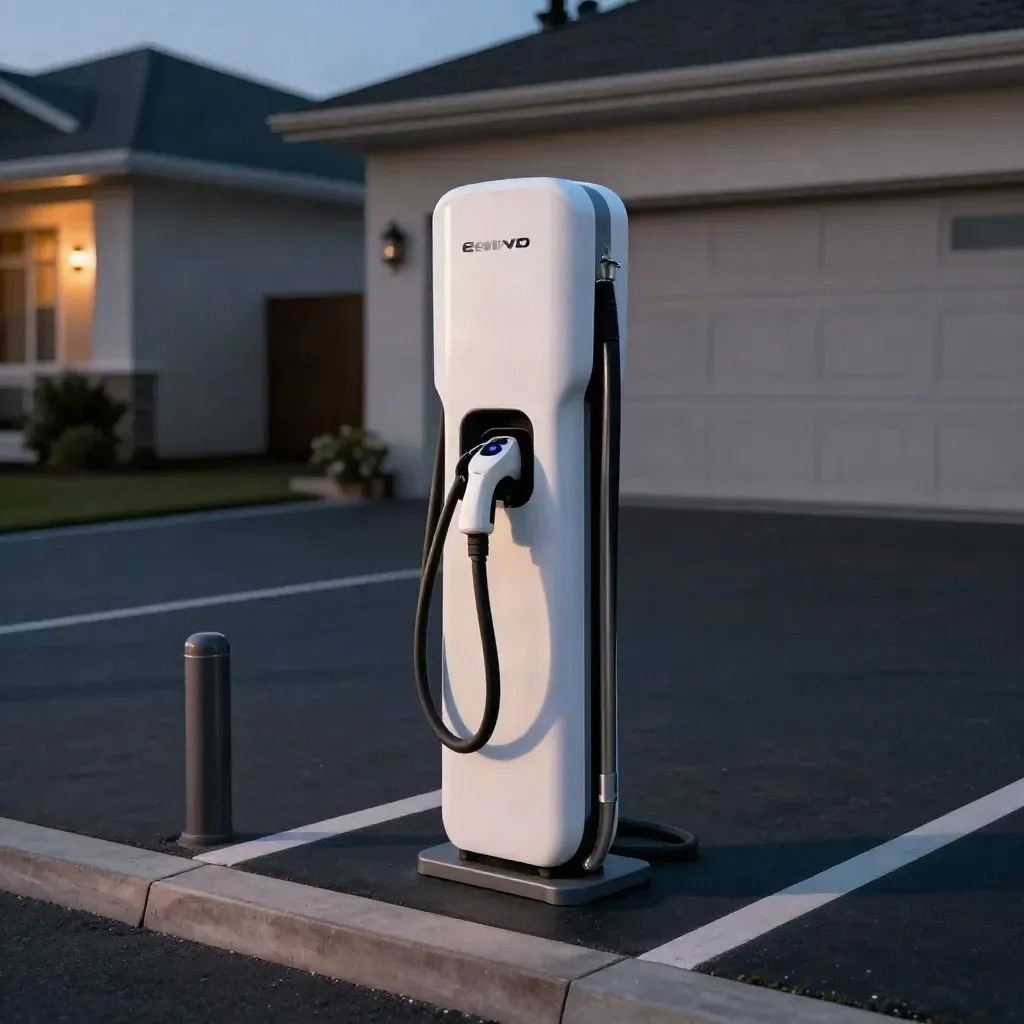 EV charger pedestal at dusk on a driveway, with cable loop and bay markings