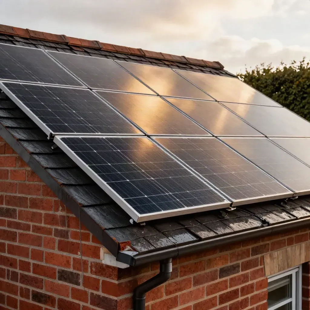 Black solar panels on a red-brick roof with wet sheen and golden cloudbreak light.