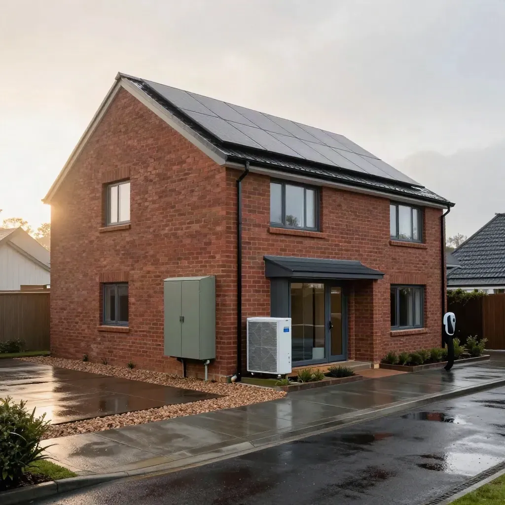 Rainy retrofit home with solar panels, battery cabinet, heat pump and EV charger in moody light.