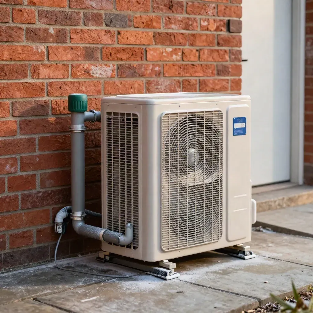 Outdoor heat pump beside brick wall with winter mist, insulated pipes and a frost-free stand.