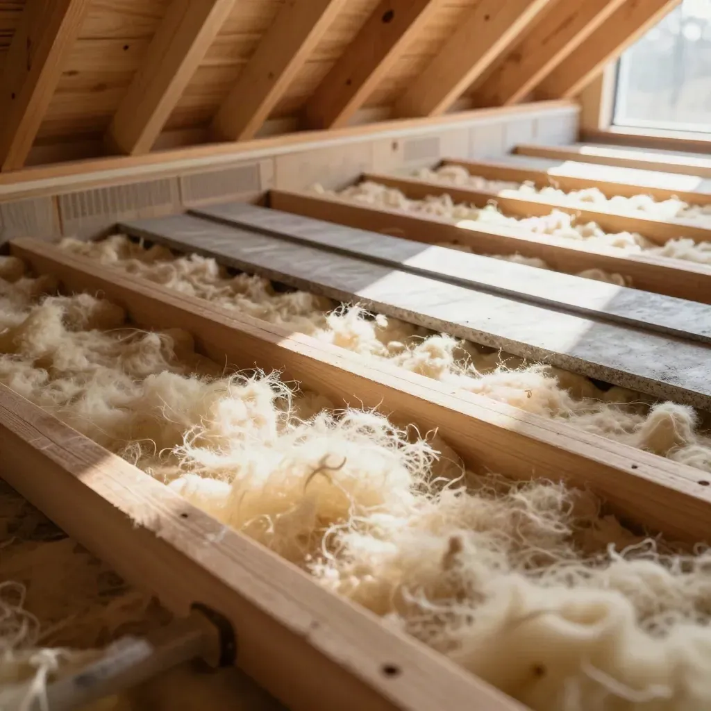 Top-down loft insulation upgrade with timber joists and warm sunlight
