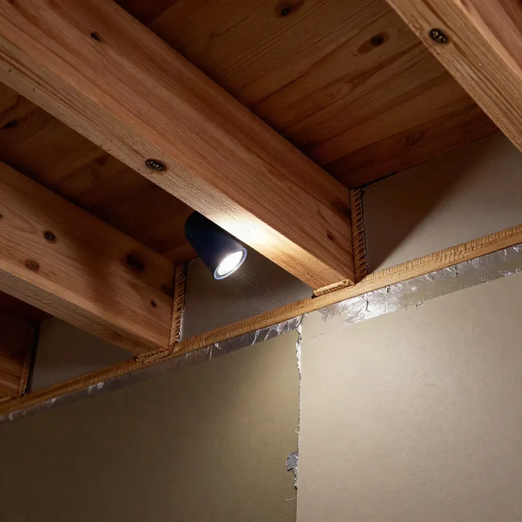 Moody loft hatch macro with joists, sealed gaps, draught strips and inspection lights in shadow.