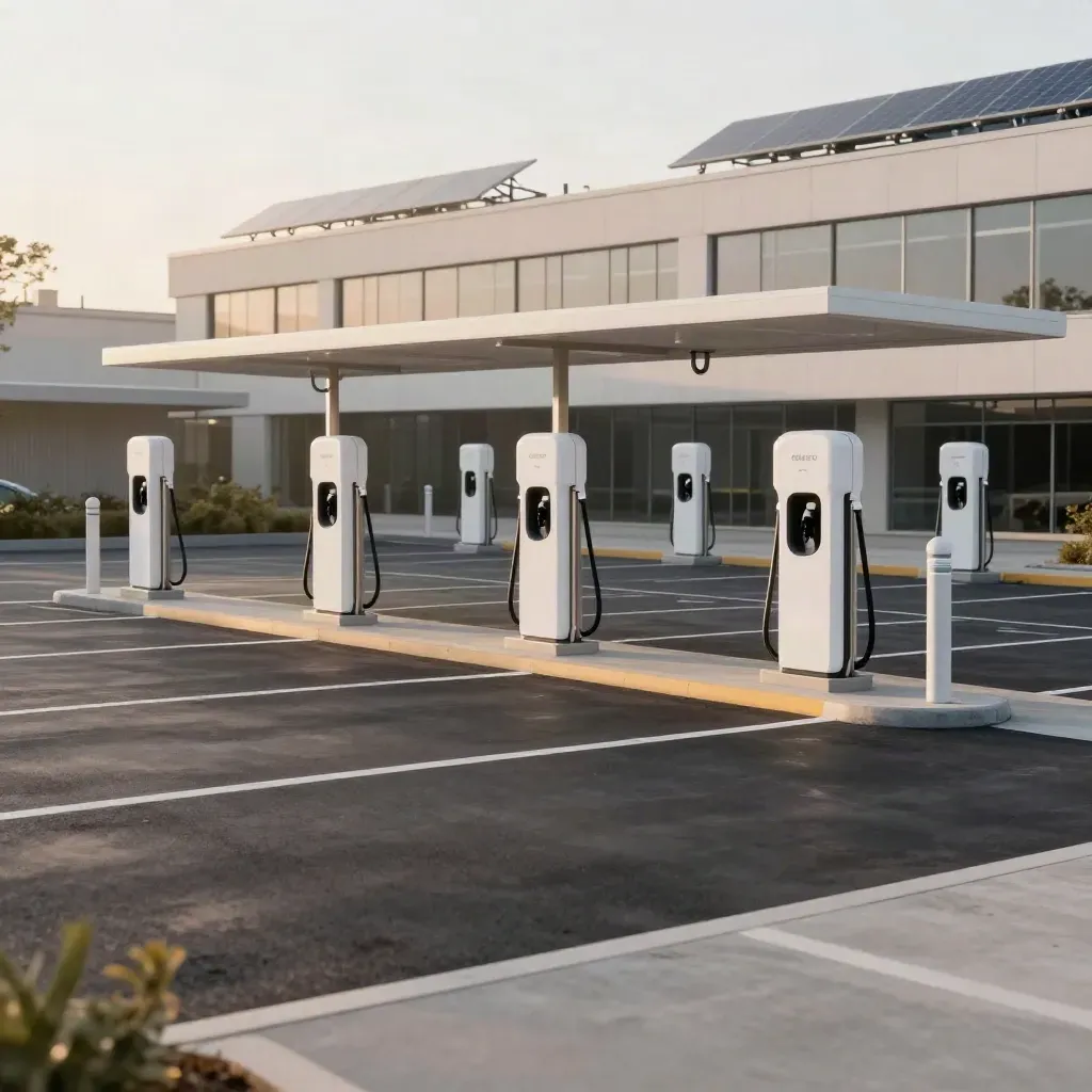 Modern office car park EV charging bays beneath rooftop solar in late-afternoon light.