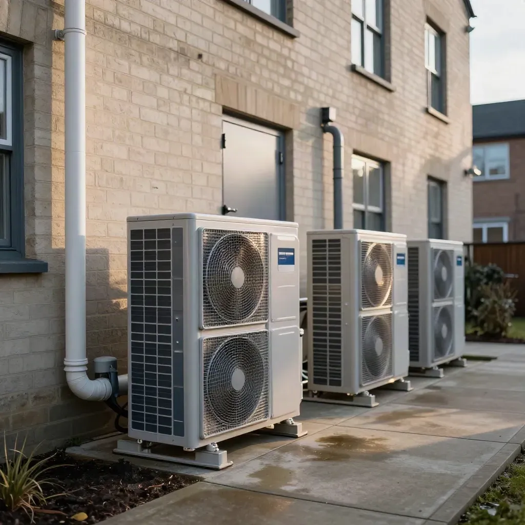 Heat pump units staggered along a Leeds apartment courtyard wall in soft late-afternoon light.