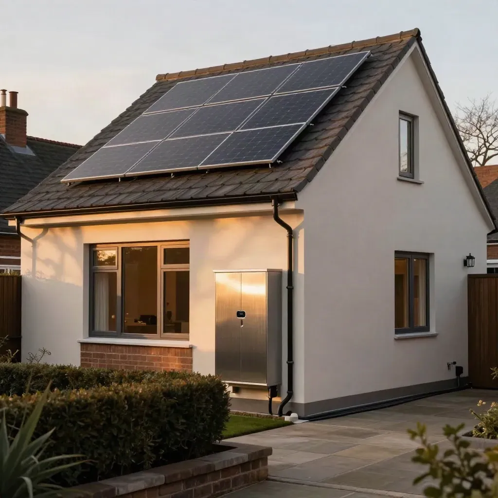 Detached Birmingham home at dusk with solar panels and battery storage glowing.