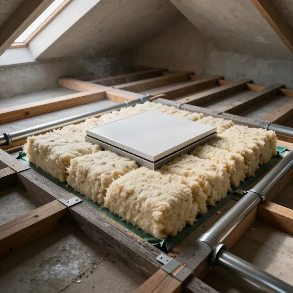 Insulated school roof void with sealed hatch, pipework and drifting dust in soft daylight.