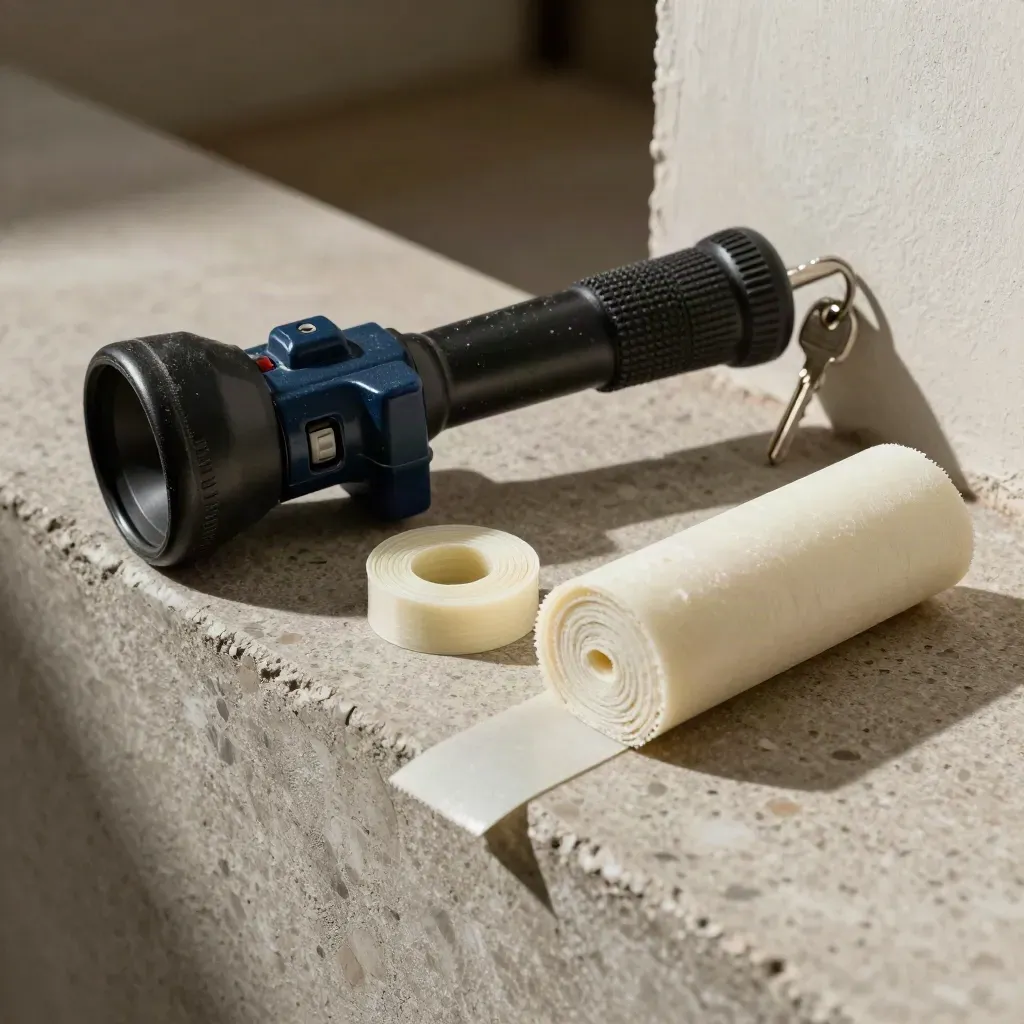 Energy assessor tools on travertine: torch, socket tester, draught seal strip and insulation core sample.