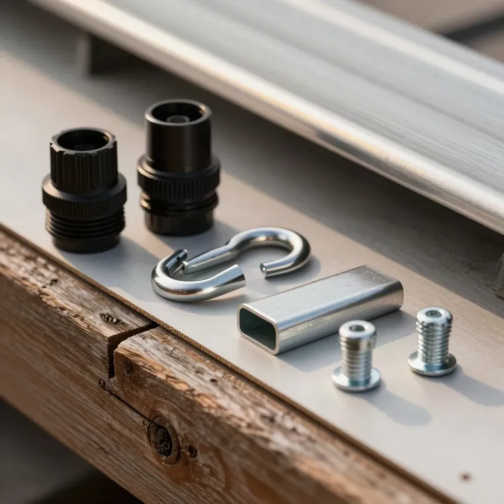 PV connectors, roof hook, rail offcut and fixings on a rooftop batten in grazing light.
