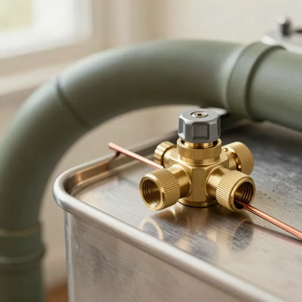 Extreme macro of heat pump tools on stainless tray, with a green insulated pipe bend and brass manifold