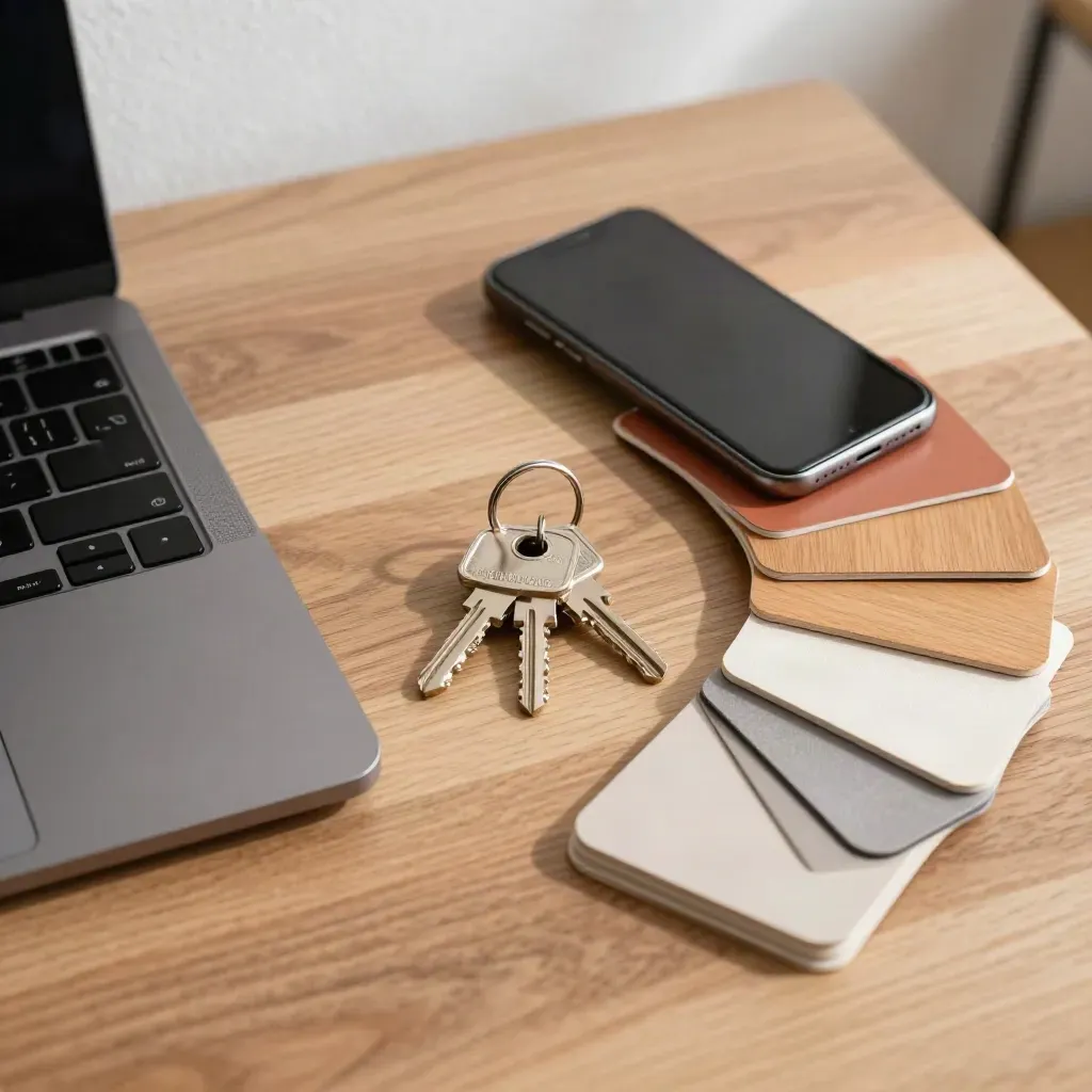 Overhead still life of laptop, keys, phone and swatches on a calm office desk