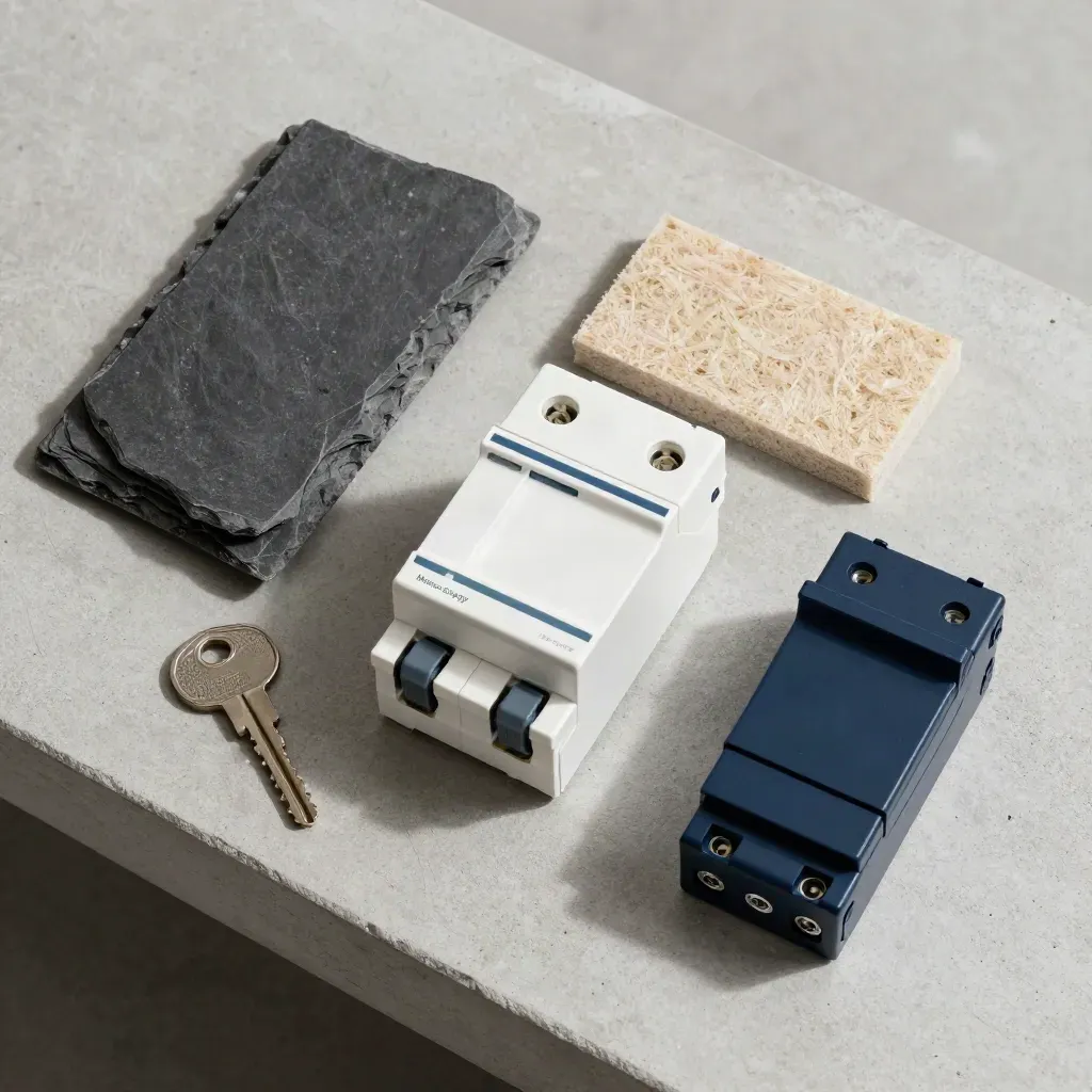 Overhead survey kit with breaker, slate tile, insulation sample and navy key on pale concrete.