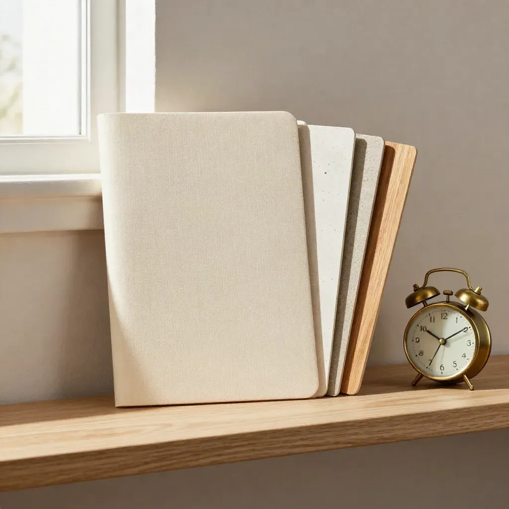 Brass clock, sealed quote folder, and material samples on a pale oak shelf in soft window light.