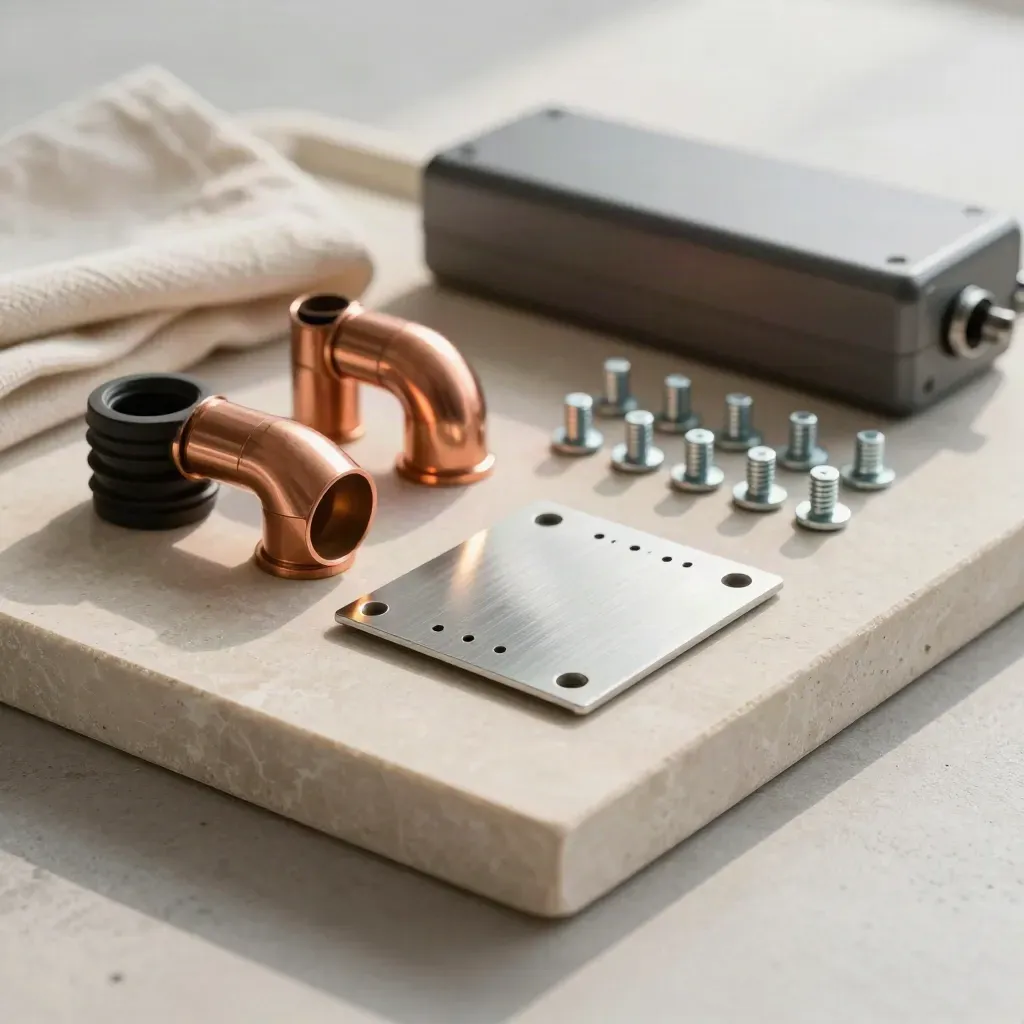 Heat pump parts arranged on a stone tray with copper bends and fasteners