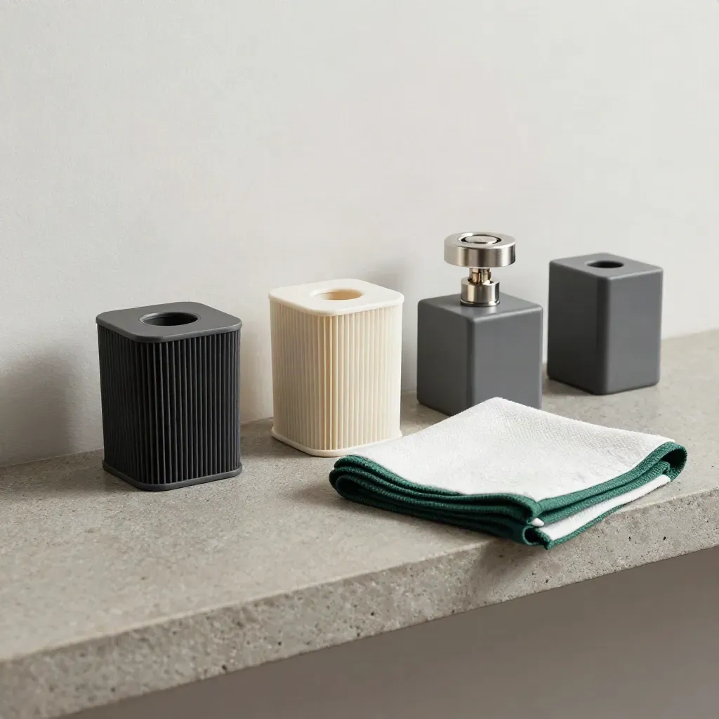 Maintenance kit with valve cap, filters, fuse blocks and microfiber cloth on a stone shelf.