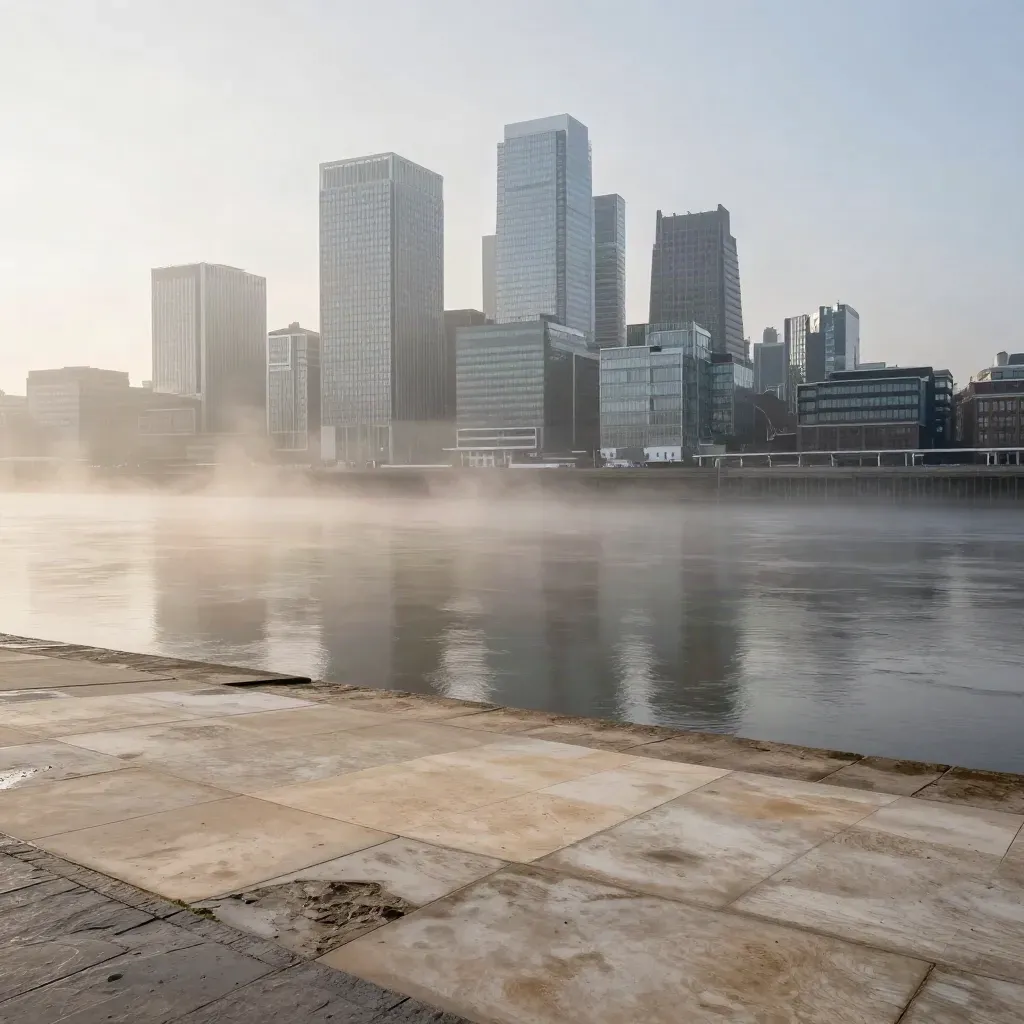 Canary Wharf rises above the Thames in early-morning haze over a wet stone embankment.