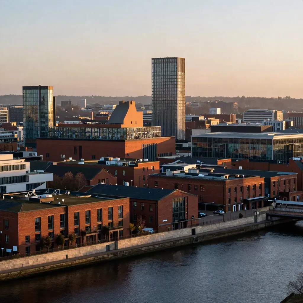 Golden-hour Birmingham skyline with the Library, canal water and brick terraces under warm haze.