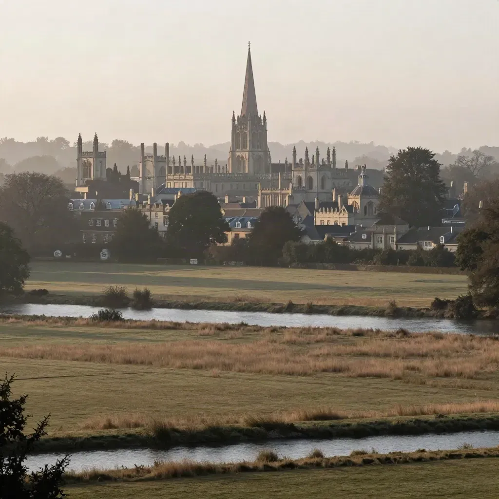 Oxford spires above misty meadows and river channels at dawn, calm space for copy