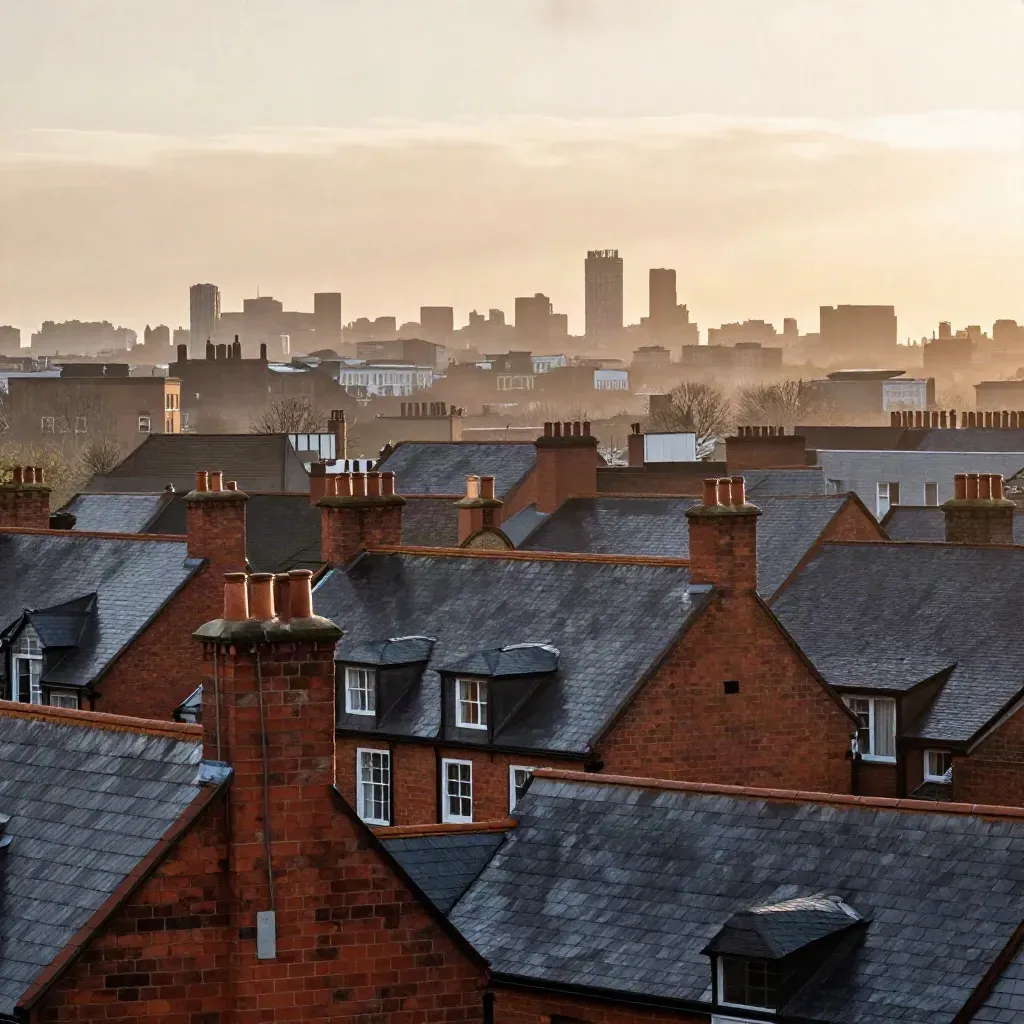 Rain-darkened red brick and slate roofscape with faint Manchester skyline in warm dusk haze