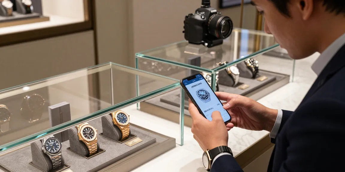 Showcasing premium clone watches in a modern jewelry store with a luxurious vibe.