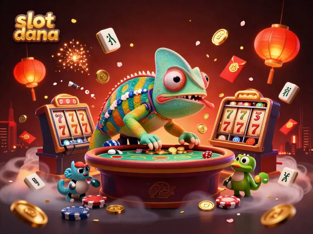 Engage with slot dana in a vibrant casino scene filled with dynamic characters and floating game elements.